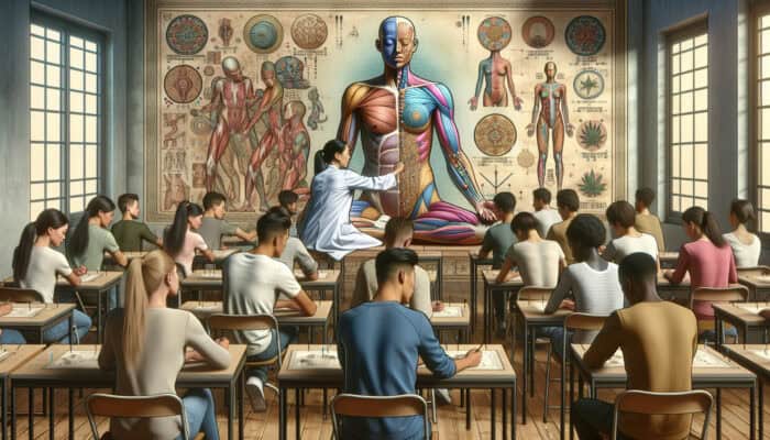 Students engaged in learning acupuncture, with anatomy charts and a mentor demonstrating techniques on a model.