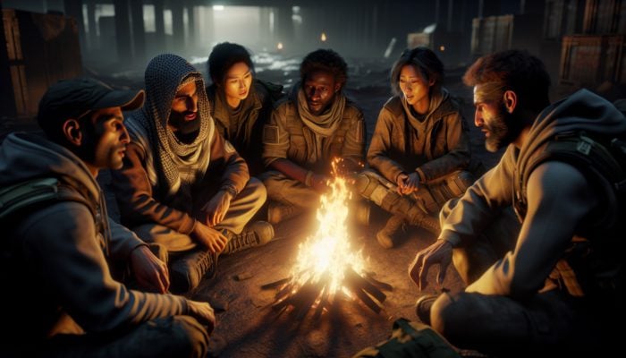 A diverse group of survivors around a fire, sharing stories, symbolising trust and open communication.