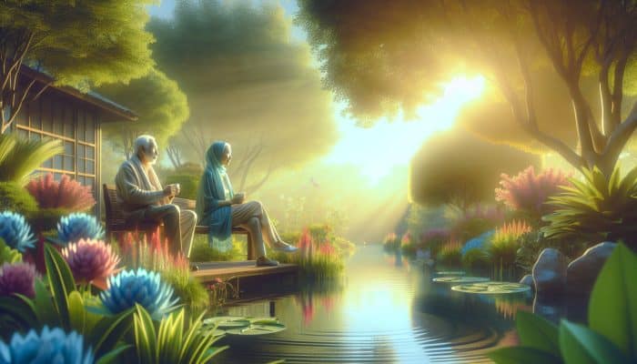 Mental Health for Retirees: Elderly couple in a sunlit garden, symbolizing retirement well-being, with vibrant flowers and a calm pond.