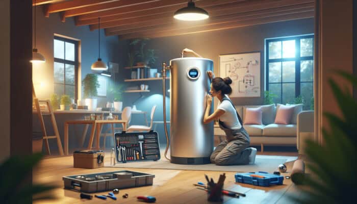 A modern hot water tank installed in a comfortable basement in Ladner, Delta, serviced by a professional plumber.