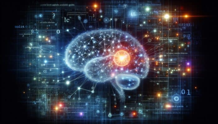 How to Optimize for Google’s BERT Algorithm: A futuristic digital brain with glowing neural networks, symbolising BERT's advanced language comprehension, against interconnected search queries and precise results.