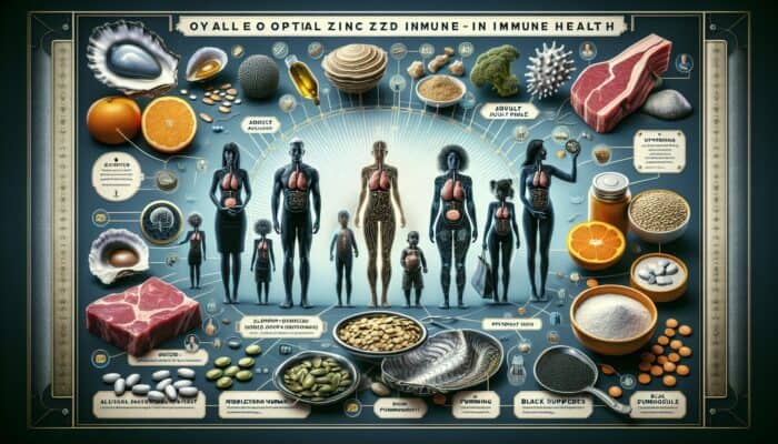 Infographic showing zinc's role in immune health, optimal dosages for different demographics, and dietary sources.