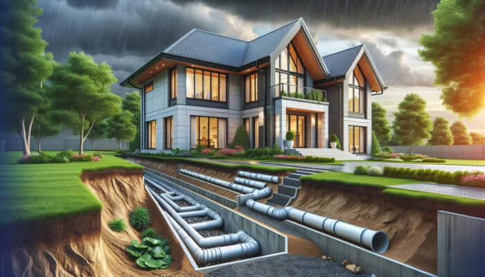 A modern suburban home with exterior drainage channels, downspouts, and graded slopes directing rainwater away under a stormy sky.