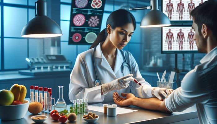Food Intolerance Test in Greenock: A doctor in a white coat draws blood for a food intolerance test in a lab, examining test tubes and charts.