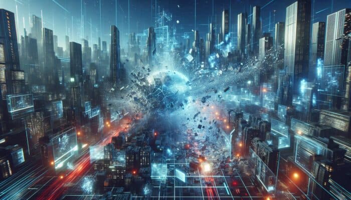 A digital wave crashing through a neon-lit city, shattering holographic screens and igniting chaotic data streams.