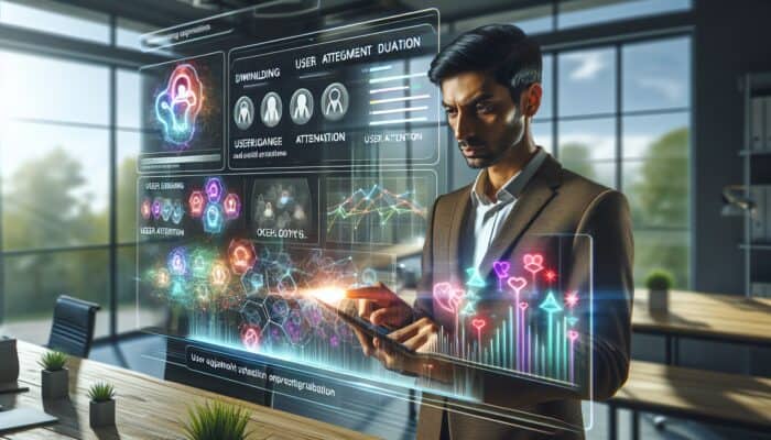 A diligent data analyst in a modern office examines vibrant graphs of declining user engagement metrics like CTR and time-on-page, with holographic user interaction visualizations.