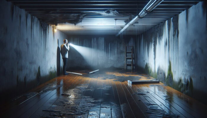 Dimly lit Canadian basement during rainy season, showing warped flooring, black mold on damp walls, water stains on ceiling, and homeowner with flashlight.