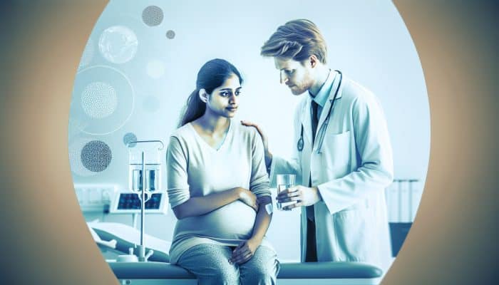 Pregnant woman in a modern Liverpool clinic, sitting with arm bruising and looking dizzy, as a nurse offers water and guidance.