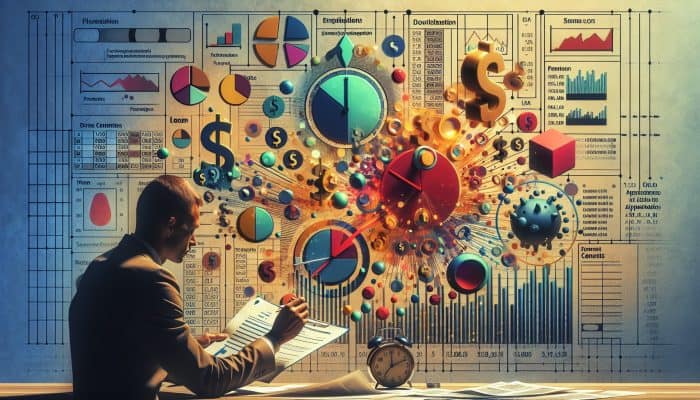 Debt Consolidation and Financial Risk Factors: UK Guide | DCL Individual reviewing financial documents with charts illustrating a temporary credit score dip, surrounded by loan forms and a clock.