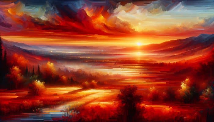 Adding Warmer Colours For Rich Depth: A sunset landscape painting with vibrant red, orange, and yellow hues creating depth and warmth.
