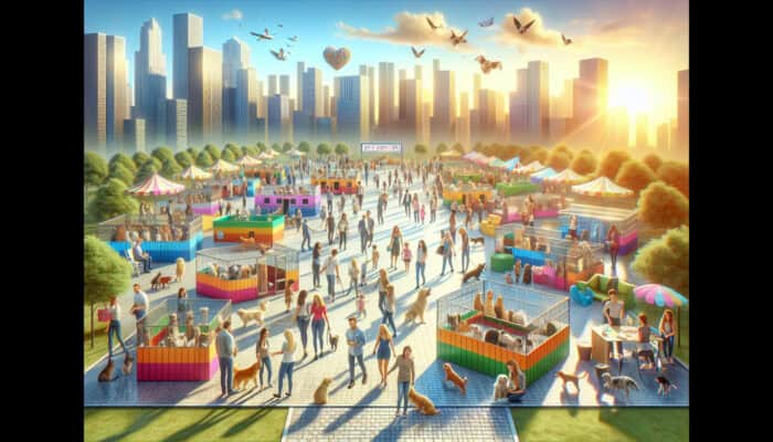 Pet Adoption Fair Organisation: A vibrant pet adoption fair featuring various animals, enthusiastic volunteers, and eager adopters in a bright, spacious venue.