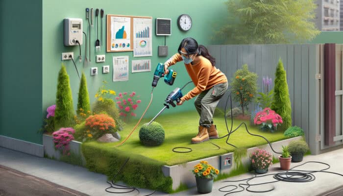 Cordless Tools for Quick Clearance Jobs: Person using cordless drill and hedge trimmer in urban garden, showcasing mobility and convenience.