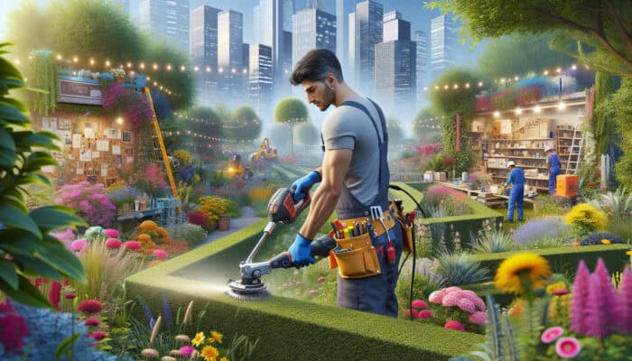 A landscaper with a Makita DUC254Z hedge trimmer in a garden, and a construction worker with a DeWalt DCD791D2 drill on a site.