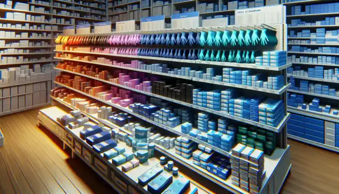 Nitrile Gloves in Cheltenham: Showcasing a variety of nitrile gloves including blue medical-grade, black industrial-grade, and sizes from small to extra-large on display.