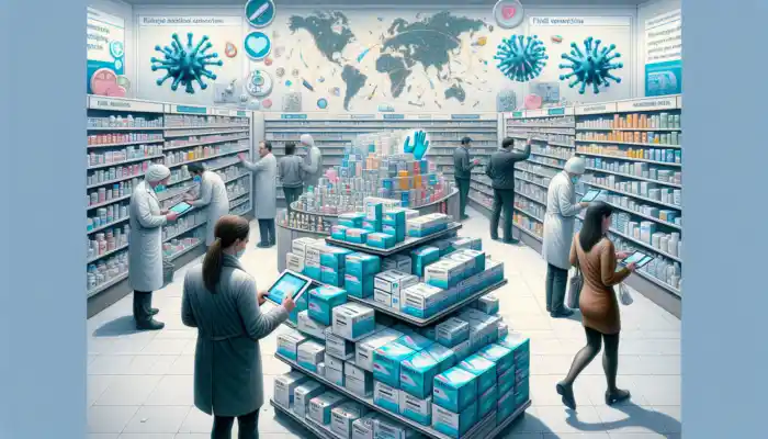 A busy Cheltenham pharmacy featuring partially stocked blue nitrile glove shelves, anxious customers, flu posters, supply maps, and a clerk using a tablet.