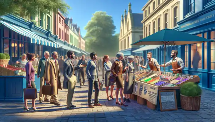 A lively Cheltenham market scene featuring a trusted local supplier showcasing certified UK-compliant products to engaged customers, facilitating informed decisions.